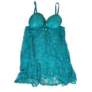 Unbranded Nightie Womens XL Teal Green Molded Cup Babydoll Lace V Neck Teddy